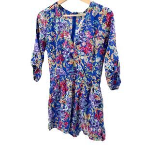 Yumi Kim Blue 100% Silk Floral Print Long Sleeve Wrap Romper